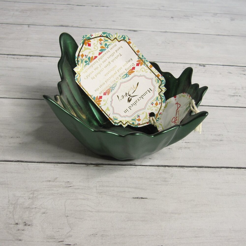 Anya Turkish Glass Bowl Candy Dish Green Autumn Leaf